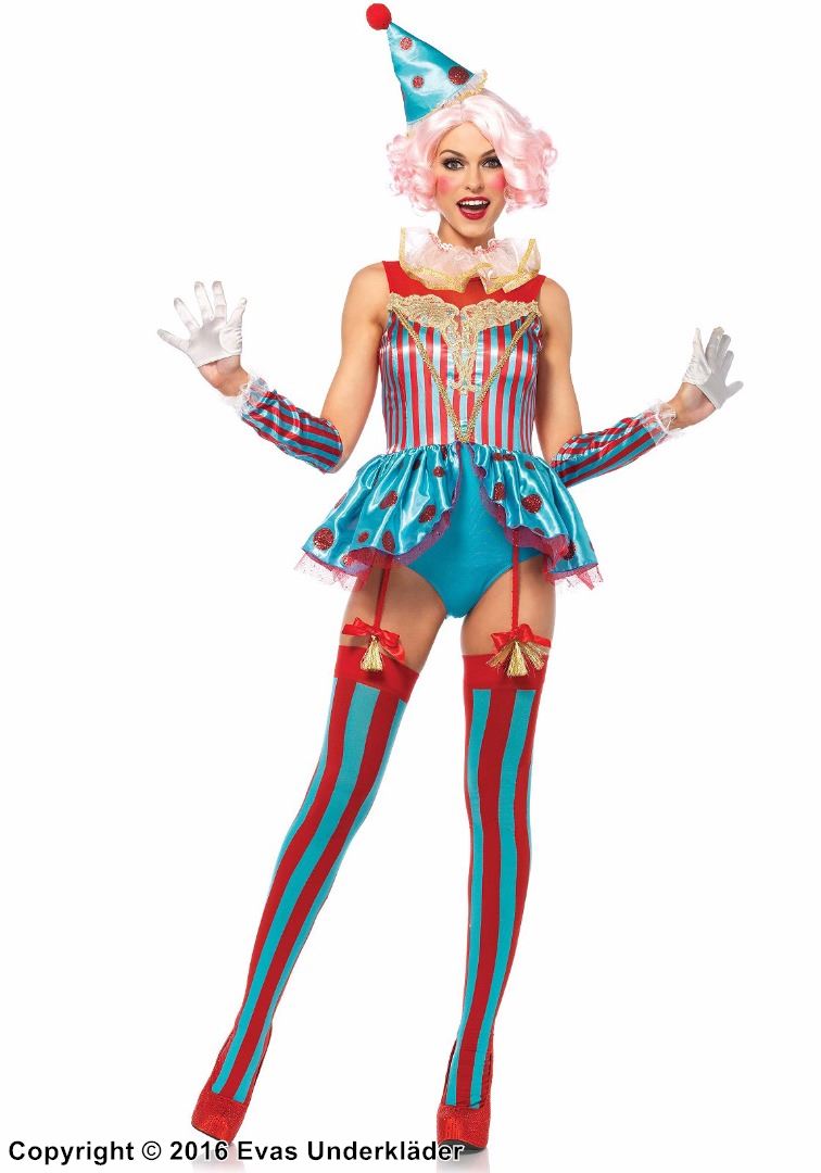 Female circus clown, teddy costume, lace overlay, shimmering dots, stripes